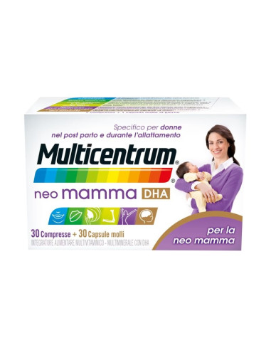 Multicentrum Neo Mamma DHA Integratore multivitaminico post parto per allattamento 30 compresse + 30 capsule